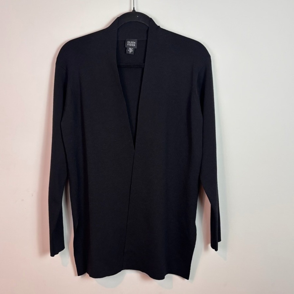 Eileen Fisher Womens 100% Wool Black Open Front Cardigan Small Classic workwear